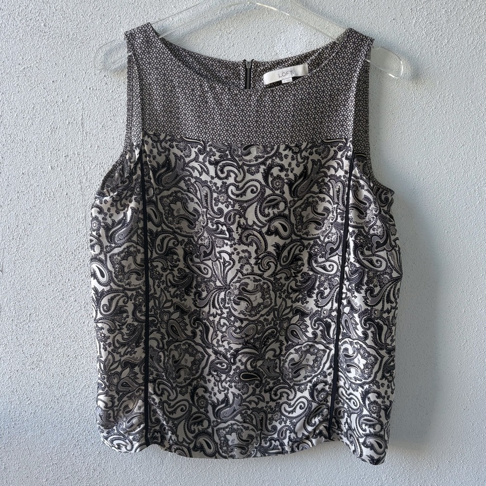 Ann Taylor Loft Sleeveless Black Cream Top Size Med Career Office Paisley Zip‎